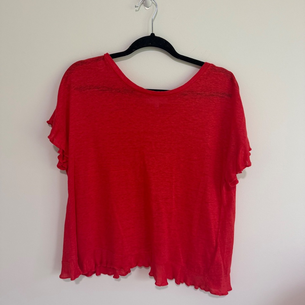 Eri + Ali Red 100% Linen Ruffle Hem Crossover Tulip Back Top XS BE13121-YA